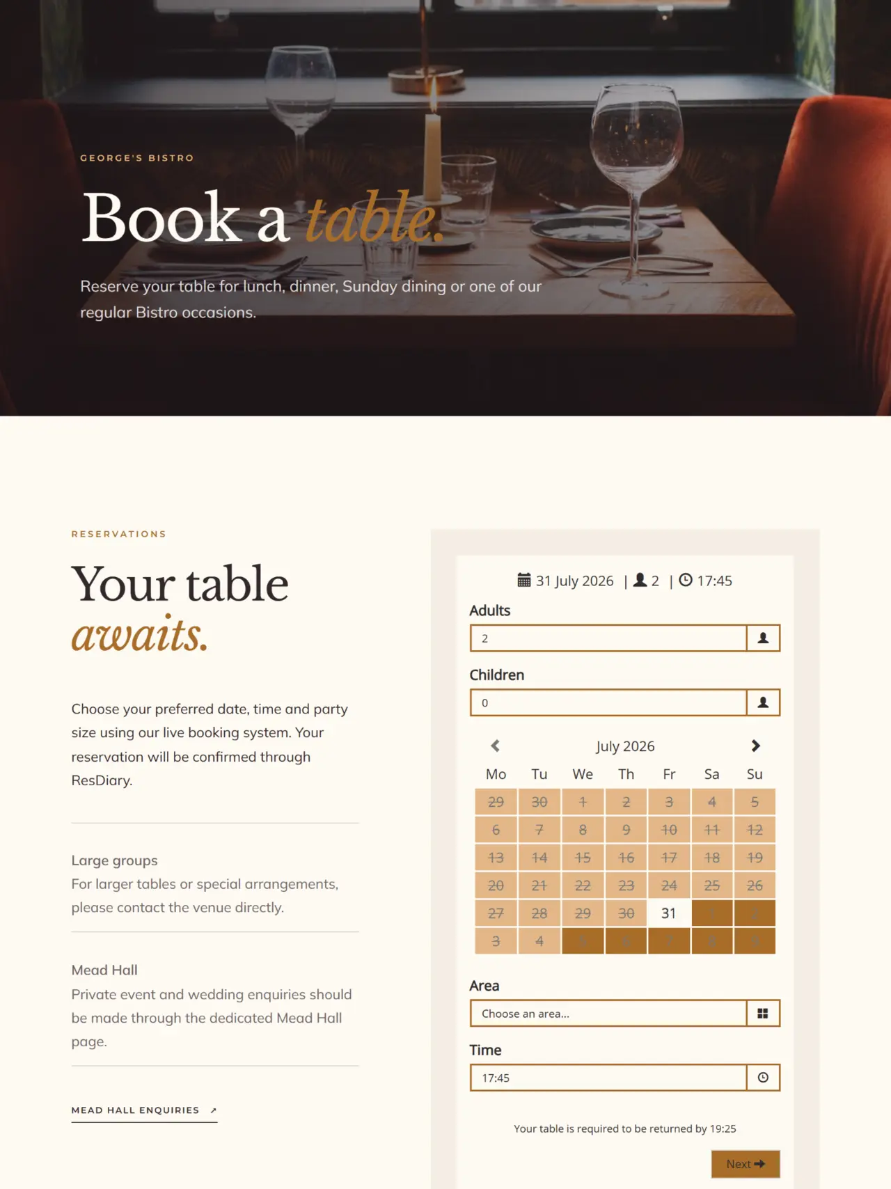 George's Bistro and Bar online table booking page with ResDiary availability calendar