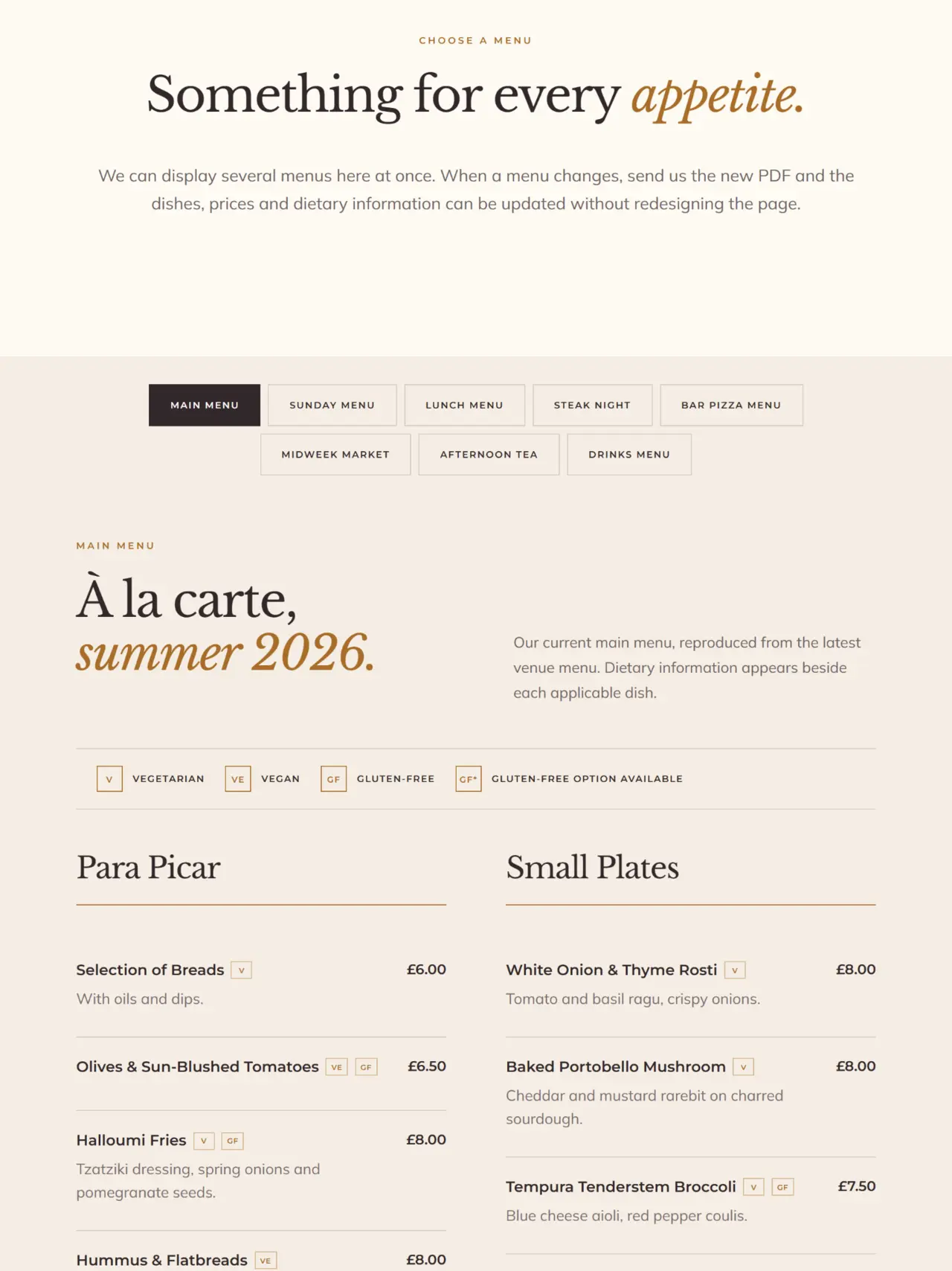 George's Bistro and Bar menu page showing menu filters and dishes