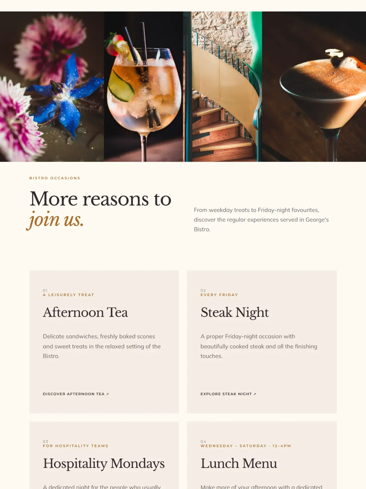 George's Bistro and Bar occasions section with Afternoon Tea, Steak Night and Lunch Menu cards
