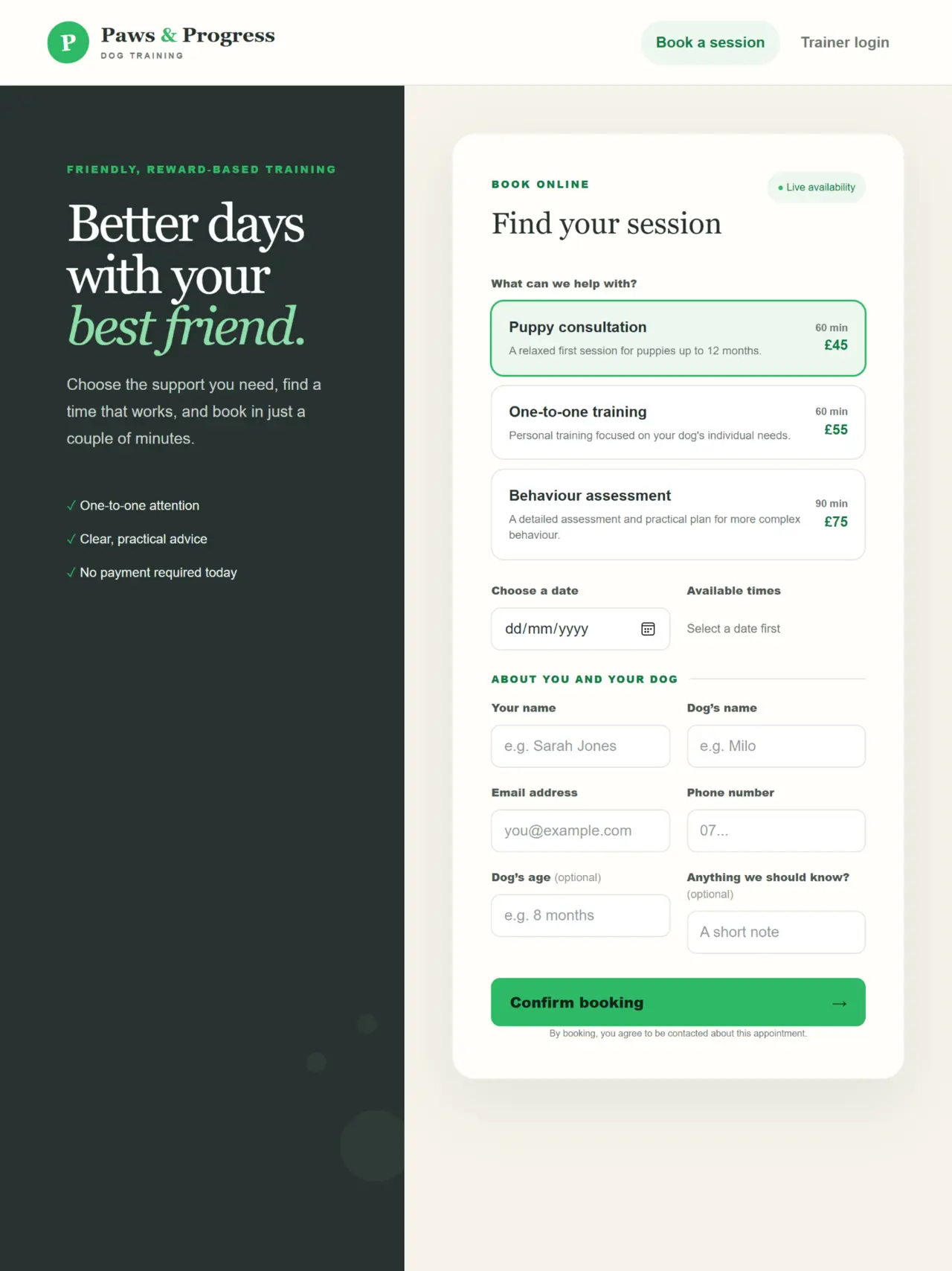 Paws and Progress dog training booking system with live availability and session choices