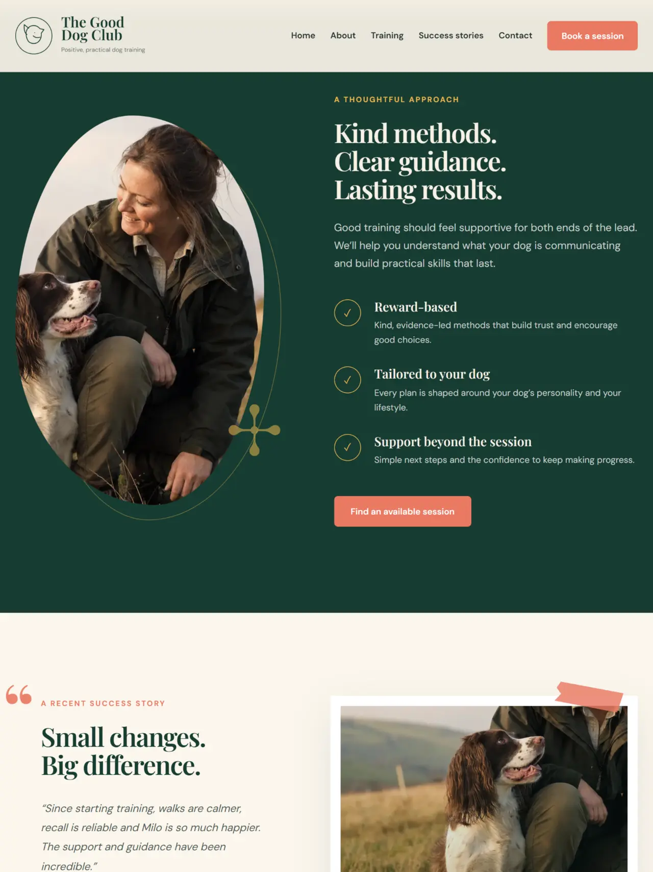 The Good Dog Club methods and client success story sections