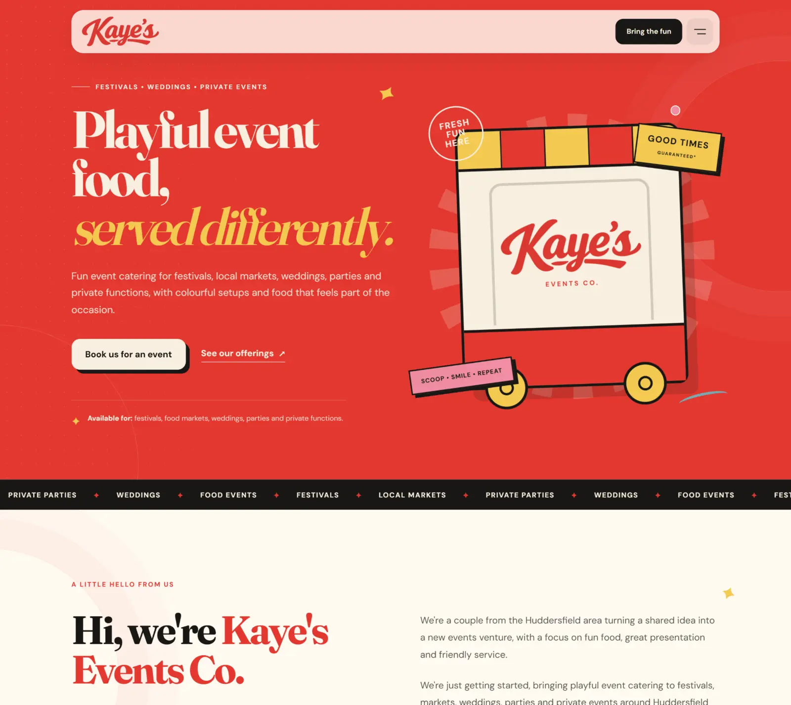 Kaye's Events Co. website homepage