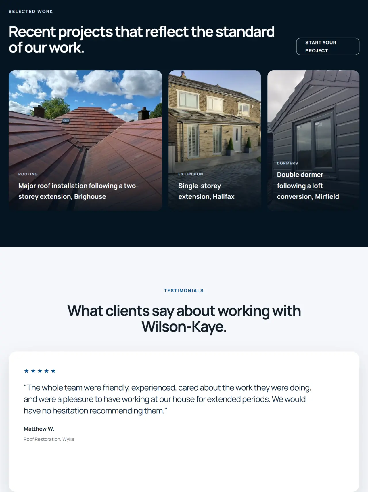 Wilson-Kaye construction projects and client testimonial sections